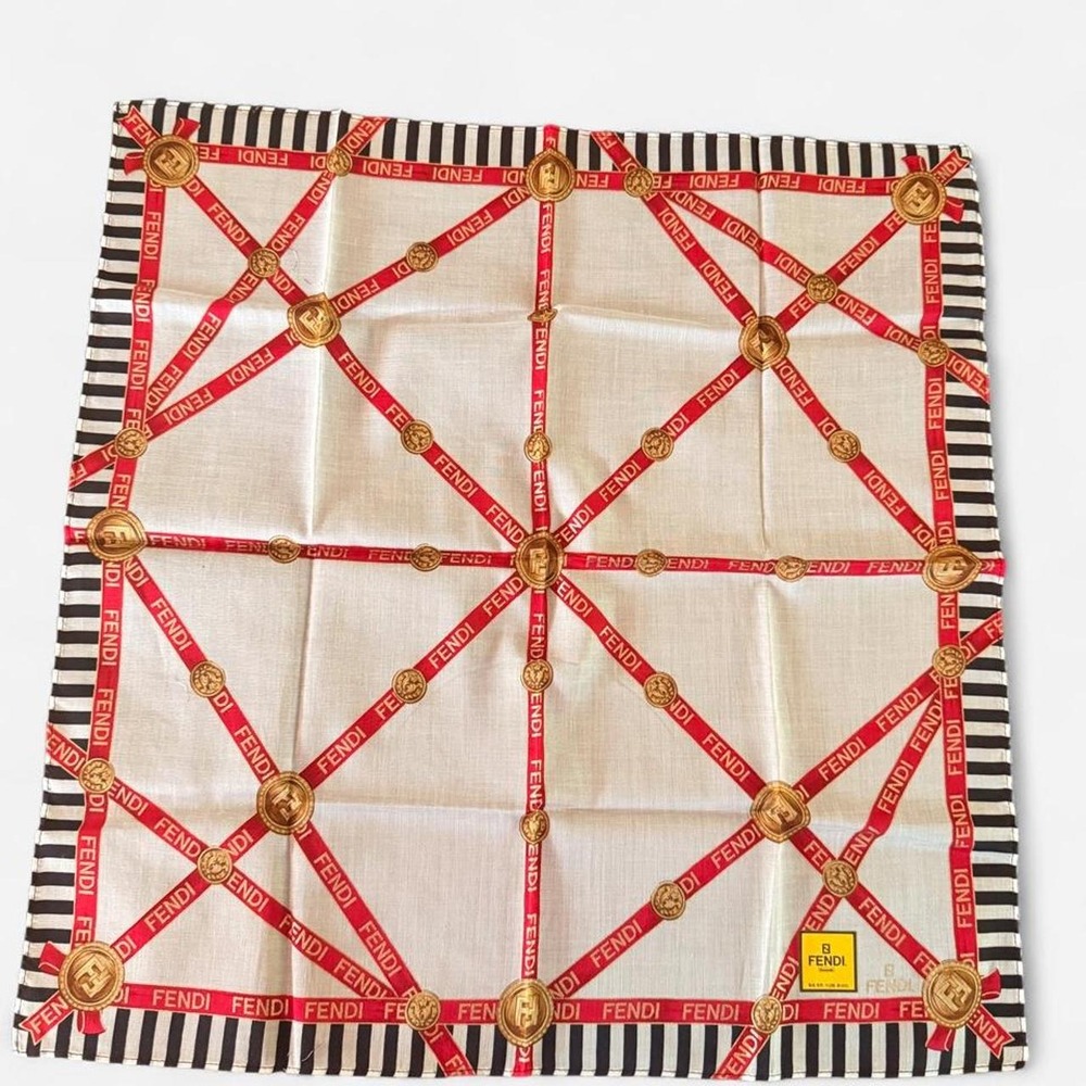 Fendi Vintage Cotton Handkerchief Scarf Red Ribbon Gold Medallion Striped White